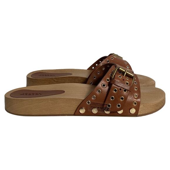 Isabel Marant Jaso Embellished Slides in Brown Leather - Picture 1 of 7